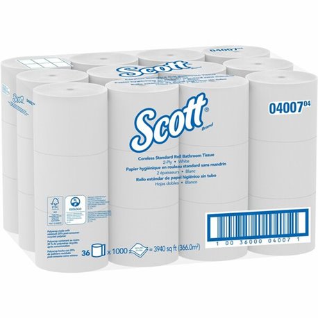 Scott Essential Coreless High-Capacity Standard Roll Toilet Paper - 2 Ply - 4" x 3.70" - 1000 Sheets/Roll - White - 36 / Carton