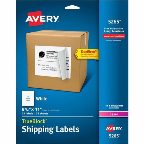 Avery Shipping Labels - TrueBlock - 8 1/2" Width x 11" Length - Permanent Adhesive - Rectangle - Laser, Inkjet - White - 1 / She