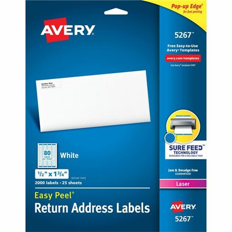 Avery Easy Peel Mailing Laser Labels - 1/2" Width x 1 3/4" Length - Permanent Adhesive - Rectangle - Laser - White - Paper - 80 