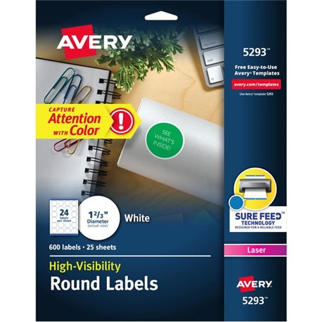 Avery Round High Visibility Labels - - Width1 5/8" Diameter - Permanent Adhesive - Round - Laser - White - Paper - 24 / Sheet - 