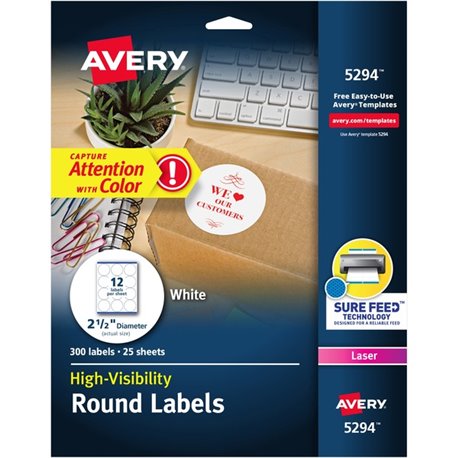 Avery Round High Visibility Labels - - Width2 1/2" Diameter - Permanent Adhesive - Round - Laser - White - Paper - 12 / Sheet - 