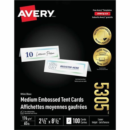 Avery Medium Tent Cards for Laser and Inkjet Printers, 2�" x 8�" - 97 Brightness - 2 1/2" x 8 1/2" - 100 / Box - Perforated, Hea