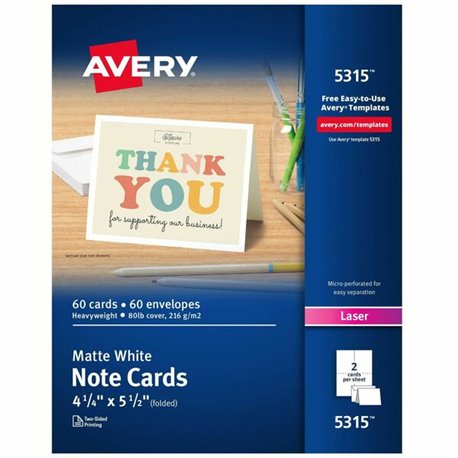 Avery Printable Note Cards, Two-Sided Printing, 4-1/4" x 5-1/2" , 60 Cards (5315) - 97 Brightness - 4 1/4" x 5 1/2" - 1 / Box - 