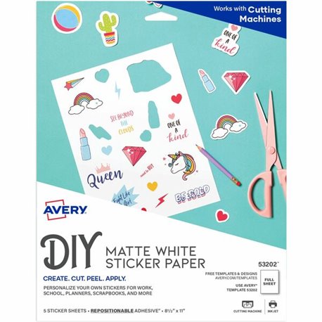 Avery Matte White Sticker Project Paper - Letter - 8 1/2" x 11" - 30 / Carton - Printable, Removable Adhesive, Die-cut, Repositi