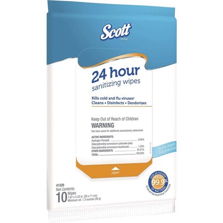 Scott 24 Hour Sanitizing Wipes - Fresh Scent - 7.87" Length x 4.33" Width - 10 / Softpack - 50 / Carton - Bleach-free, Antibacte