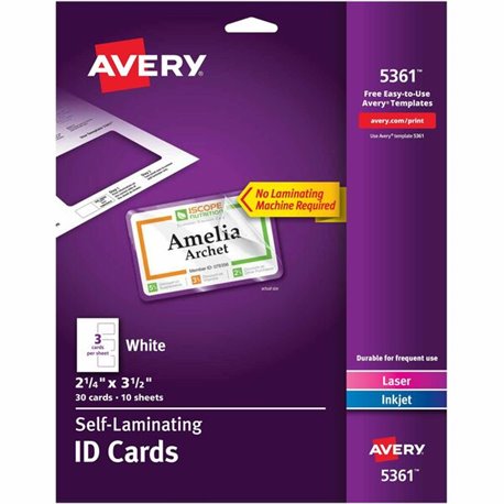 Avery Self-laminating ID Cards - 30 / Box - 2" Width x 3.3" Height - Laminated, Perforated, Printable, Durable, Perforated - Whi