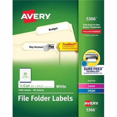 Avery TrueBlock File Folder Labels - 21/32" Width x 3 7/16" Length - Permanent Adhesive - Rectangle - Laser, Inkjet - Matte - Wh