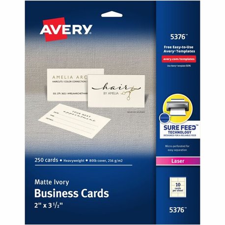 Avery 2" x 3.5" Ivory Business Cards, Sure Feed Technology, Laser, 250 Cards (5376) - 79 Brightness - A4 - 8 1/2" x 11" - 80 lb 