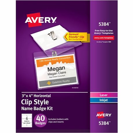 Avery Garment-Friendly Clip-Style Name Badges - 40 / Box - Printable, Durable, Clip - White, Clear