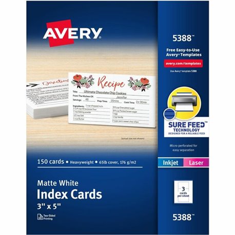 Avery Laser, Inkjet Printable Index Cards - 97 Brightness - A7 - 3" x 5" - 150 / Box - Perforated, Smudge-free, Jam-free, Uncoat