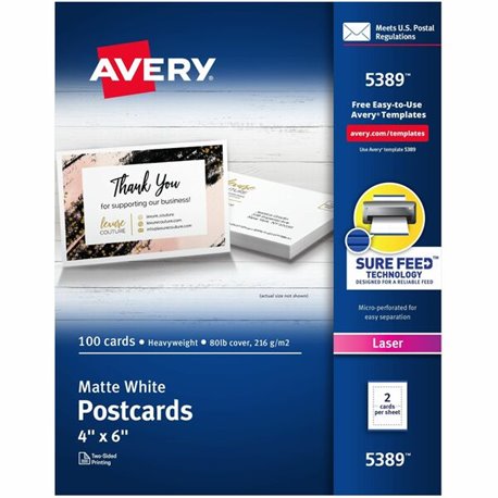 Avery(R) Printable Postcards with Sure Feed Technology, 4" x 6" , White, 100 Blank Postcards for Laser Printers (5389) - 97 Brig