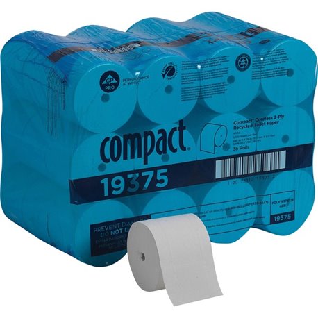 Compact Coreless Recycled Toilet Paper - 2 Ply - 4.05" x 3.85" - 1000 Sheets/Roll - White - 36 / Carton
