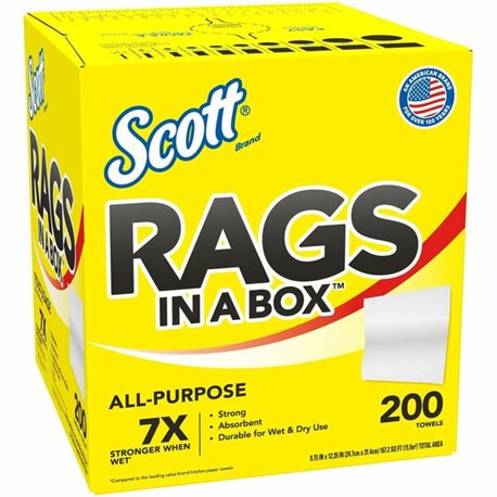 Scott Rags In A Box - 12" Length x 9" Width - 200 / Box - Soft, Strong, Lint-free, Absorbent - White