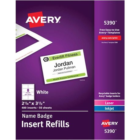 Avery Laser/Inkjet Badge Insert Refills - Laser, Inkjet - White - Card Stock - 8 / Sheet - 400 Total Label(s) - 400 / Box