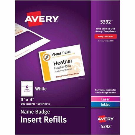 Avery Laser/Inkjet Badge Insert Refills - Laser, Inkjet - White - Card Stock - 6 / Sheet - 300 Total Label(s) - 300 / Box