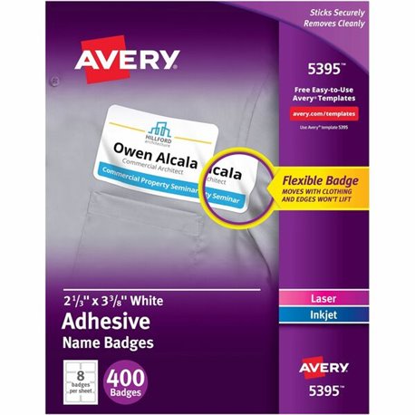 Avery Adhesive Name Badges - 2 21/64" Width x 3 3/8" Length - Removable Adhesive - Rectangle - Laser, Inkjet - White - Film - 8 