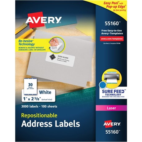 Avery Repositionable Address Labels - 1" Width x 2 5/8" Length - Rectangle - Laser, Inkjet - White - Paper - 30 / Sheet - 100 To