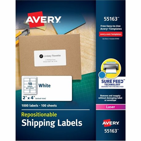 Avery Repositionable Labels, Sure Feed, 2" x 4" , 1,000 Labels (55163) - 2" Width x 4" Length - Rectangle - Laser - White - Pape