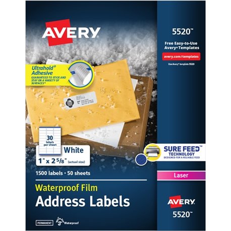 Avery 1" x 2-5/8" Labels, Ultrahold, 1,500 Labels (5520) - Waterproof - 1" Width x 2 5/8" Length - Permanent Adhesive - Rectangl