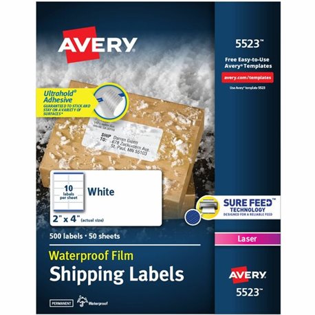 Avery Waterproof Labels, 2" x 4" , 500 Total (05523) - Waterproof - 2" Width x 4" Length - Permanent Adhesive - Rectangle - Lase