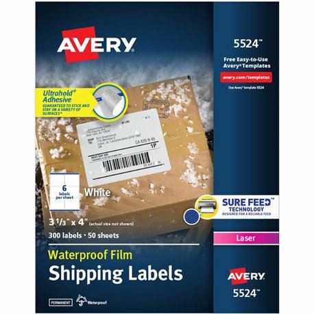 Avery Waterproof Labels, 3-1/3" x 4" , 300 Total (05524) - Waterproof - 3 21/64" Width x 4" Length - Permanent Adhesive - Rectan