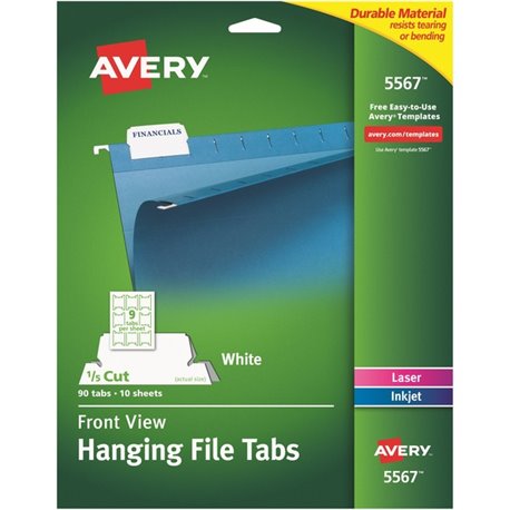 Avery Print/Write On Hanging File Tabs - 1/5 - Letter - 8.50" Width x 11" Length - Permanent - Matte White Film Tab(s) - 90 / Pa