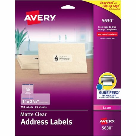 Avery Easy Peel Return Address Labels - 1" Width x 2 5/8" Length - Permanent Adhesive - Rectangle - Laser - Clear - Film - 30 / 