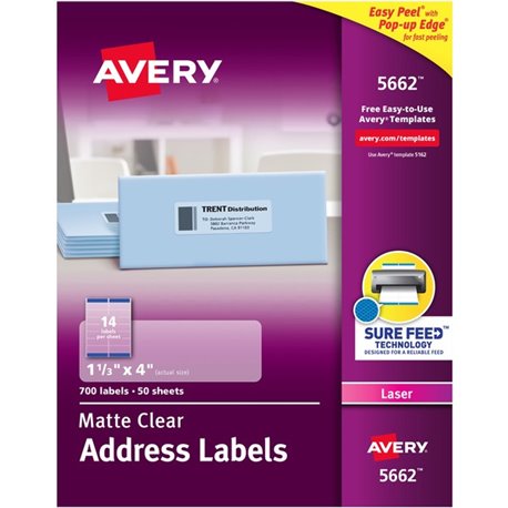 Avery Easy Peel Return Address Labels - 1 21/64" Width x 4" Length - Permanent Adhesive - Rectangle - Laser - Clear - Film - 14 