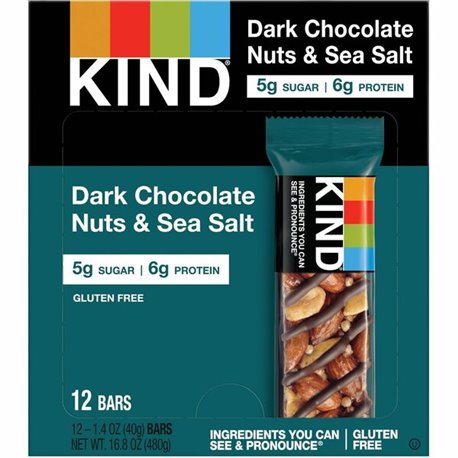 KIND Dark Chocolate Nuts/Sea Salt Snack Bars - Gluten-free, Non-GMO- 1.40 oz - 12 / Box