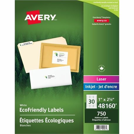 Avery Eco-Friendly Address Labels for Laser and Inkjet Printers, 1" x 2?" - 1" Width x 2 5/8" Length - Permanent Adhesive - Rect