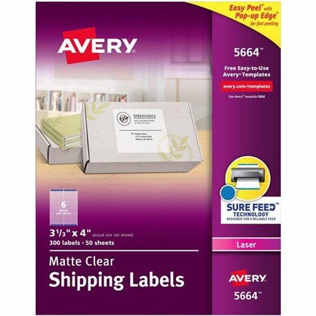 Avery Avery Clear Shipping Labels, Sure Feed, 3-1/3" x 4" 300 Labels (15664) - 3 21/64" Width x 4" Length - Permanent Adhesive -