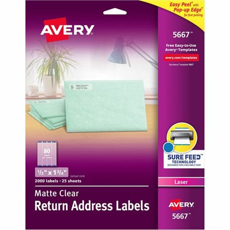 Avery Easy Peel Return Address Labels - 1/2" Width x 1 3/4" Length - Permanent Adhesive - Rectangle - Laser - Clear - Film - 80 