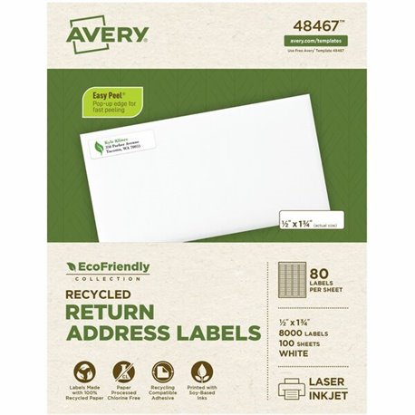 Avery(R) EcoFriendly Recycled Return Address Labels, 1/2" x 1-3/4" , White, Permanent Label Adhesive, 8,000 Printable Labels (48