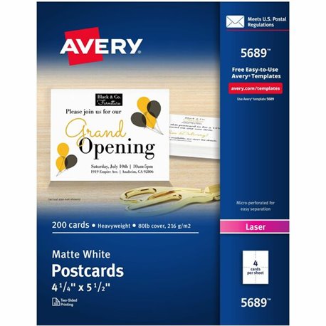 Avery(R) Printable Postcards, 4.25" x 5.5" , White, 200 Blank Postcards for Laser Printers (5689) - 97 Brightness - 5 1/2" x 4 1