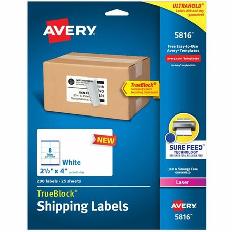 Avery Printable Shipping Labels, 2.5" x 4" , 200 Labels (5816) - 2 1/2" Width x 4" Length - Permanent Adhesive - Rectangle - Las