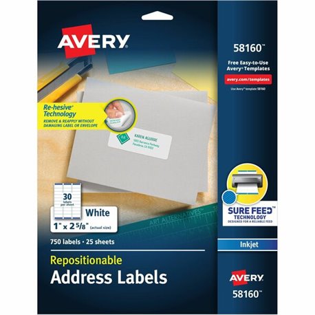 Avery Repositionable Address Labelss - Sure Feed Technology - 1" Width x 2 5/8" Length - Rectangle - Inkjet - White - Paper - 30