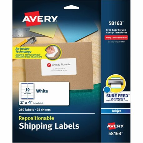 Avery Repositionable Labels, Sure Feed, 2" x 4" , 250 Labels (58163) - 2" Width x 4" Length - Rectangle - Inkjet - White - Paper