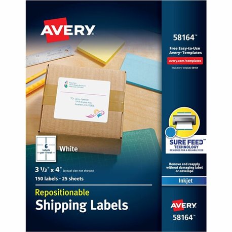 Avery Repositionable Labels, Sure Feed, 3-1/3"x4" , 150 Labels (58164) - 3 21/64" Width x 4" Length - Permanent Adhesive - Recta