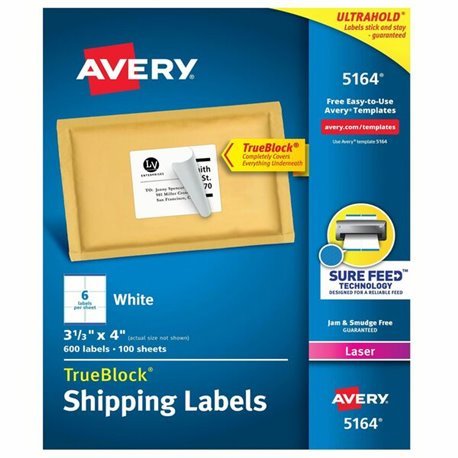 Avery Shipping Labels, Sure Feed, 3-1/3" x 4" , 600 White Labels (5164) - 3 21/64" Width x 4" Length - Permanent Adhesive - Rect