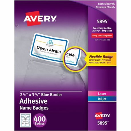 Avery Adhesive Name Badges - 2 21/64" Width x 3 3/8" Length - Removable Adhesive - Rectangle - Laser, Inkjet - White, Blue - Fil