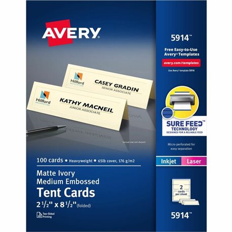 Avery Sure Feed Embossed Tent Cards - 79 Brightness - 2 1/2" x 8 1/2" - Embossed - 1 / Pack - Rounded Corner, Heavyweight - Ivor