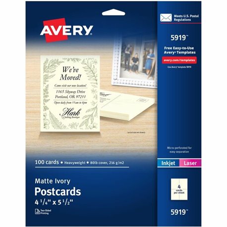 Avery(R) Printable Postcards, 4.25" x 5.5" , Ivory, 100 Blank Postcards for Laser and Inkjet Printers (5919) - 79 Brightness - 4