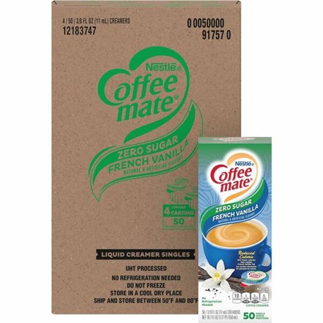 Coffee mate Zero-Sugar Liquid Coffee Creamer Singles - French Vanilla Flavor - 0.38 fl oz (11 mL) - 4/Carton - 50 Per Box - 200 