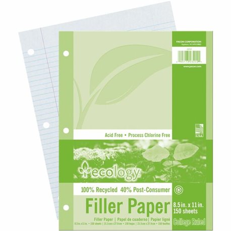 Decorol Recycled Filler Paper - Letter - 150 Sheets - Printed - College Ruled - 0.28125" Front Line(s) Space - Red Margin - 3 Ho