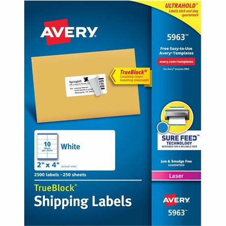 Avery Shipping Labels, Sure Feed, 2" x 4" , 2,500 Labels (5963) - 2" Width x 4" Length - Permanent Adhesive - Rectangle - Laser,