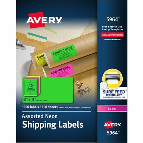 Avery 2"x 4" Neon Shipping Labels with Sure Feed, 1,000 Labels (5964) - 2" Width x 4" Length - Permanent Adhesive - Rectangle - 