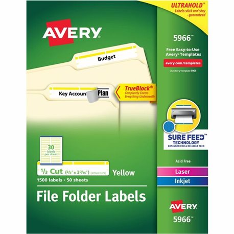 Avery TrueBlock File Folder Labels - 21/32" Width x 3 7/16" Length - Permanent Adhesive - Rectangle - Laser, Inkjet - Matte - Ye