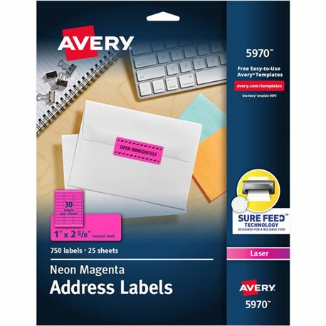 Avery Shipping Labels - 1" Width x 2 5/8" Length - Permanent Adhesive - Rectangle - Laser - Neon Magenta - Paper - 30 / Sheet - 