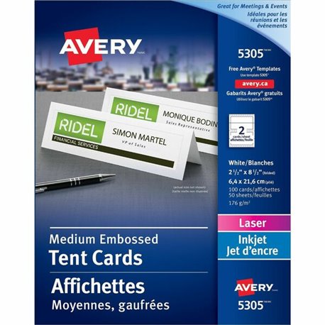 Avery Medium Tent Cards for Laser and Inkjet Printers, 2½" x 8½" - 97 Brightness - 2 1/2" x 8 1/2" - 100 / Box - Perforated, Hea