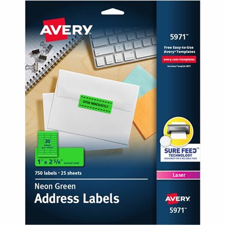 Avery Shipping Labels - 1" Width x 2 5/8" Length - Permanent Adhesive - Rectangle - Laser - Neon Green - Paper - 30 / Sheet - 25